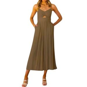 ANRABESS Brown V Neck Spaghetti Strap Cutout Linen Wide Leg Navy Jumpsuit L NWT